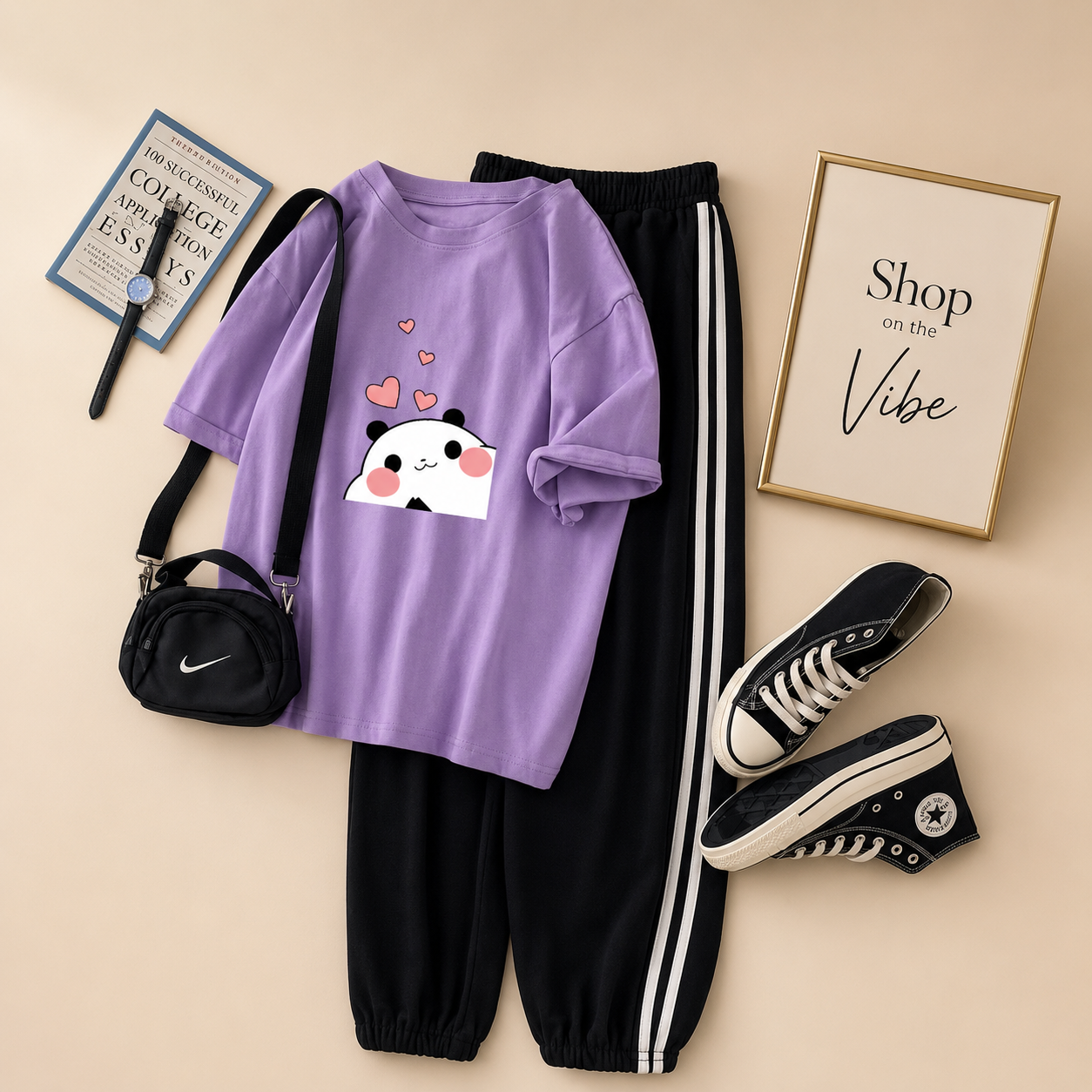 LILAC TSHIRT MITHO PANDA WITH STRIPE TROUSER
