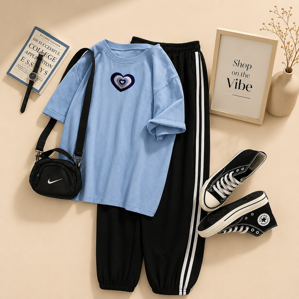 SKY BLUE TSHIRT NESTED HEART WITH STRIPE TROUSER