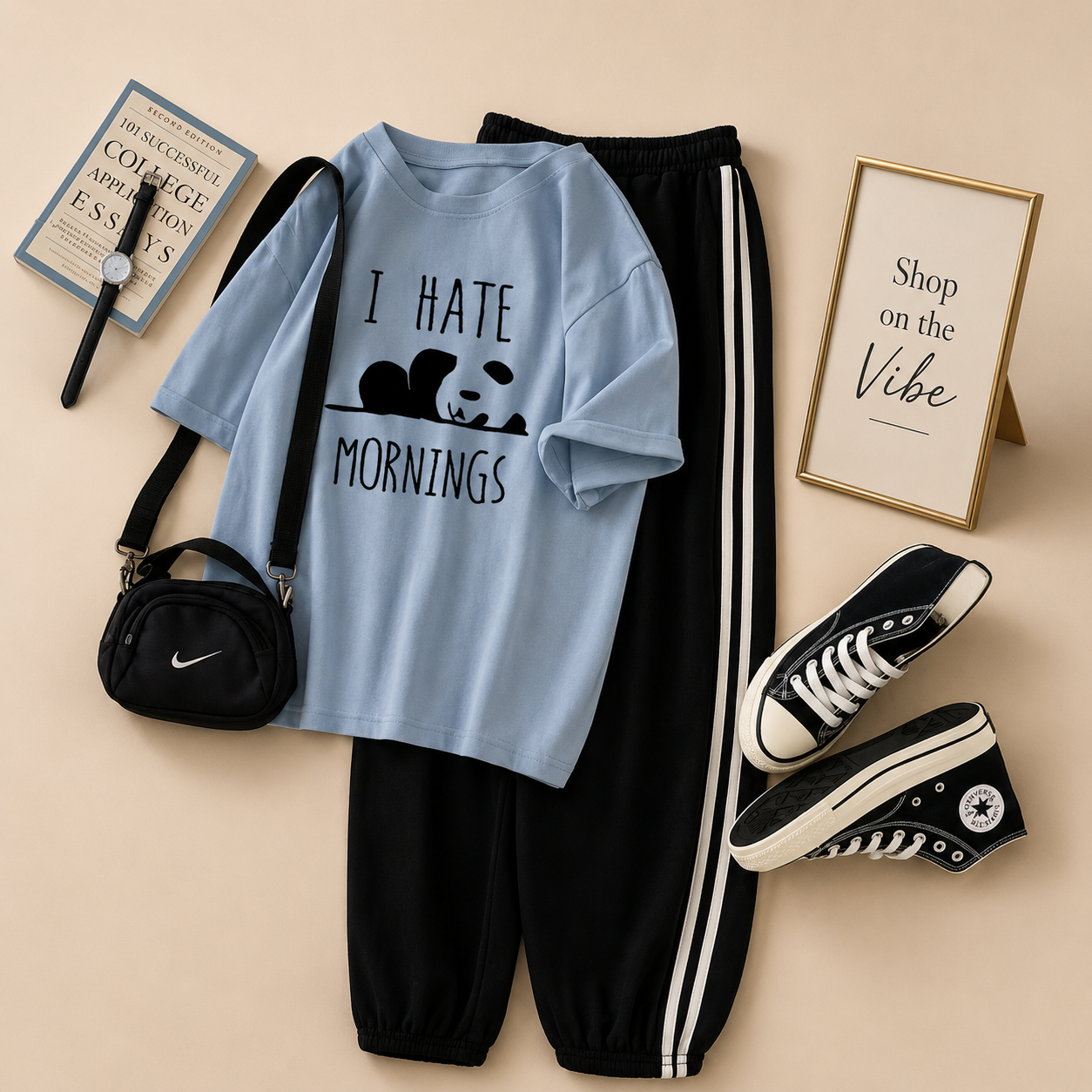 SKY BLUE TSHIRT I HATE MORNING WITH STRIPE TROUSER