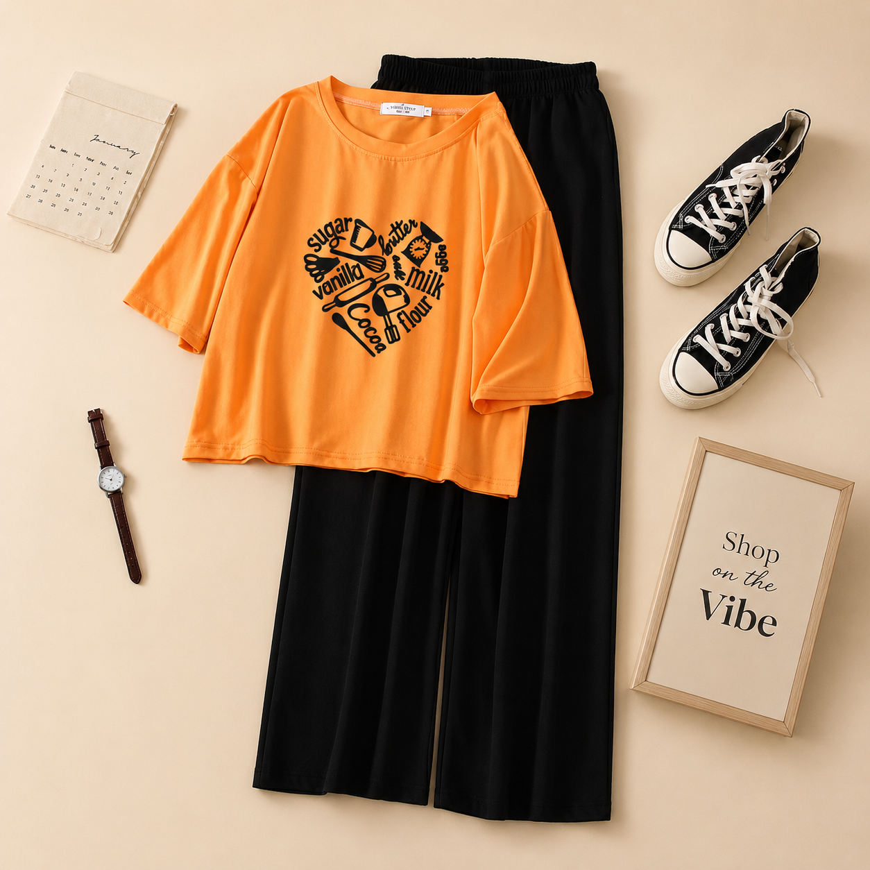 MUSTARD TSHIRT SUGAR VANILLA WITH BLACK FLAPPER
