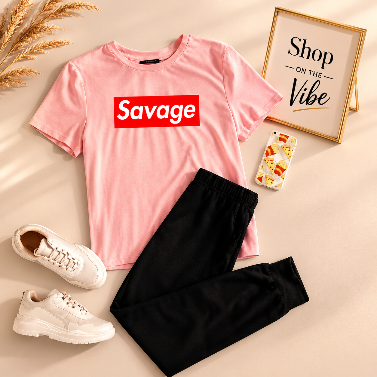 PINK TSHIRT TSHIRT SAVAGE WITH PLAIN BLACK TROUSER