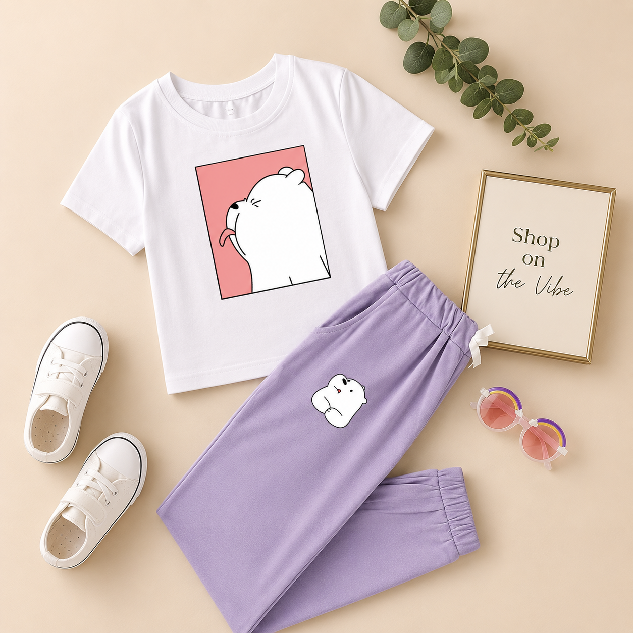 WHITE TSHIRT PANDA TONGUE WITH LILAC TROUSER POCKET ICE BEAR