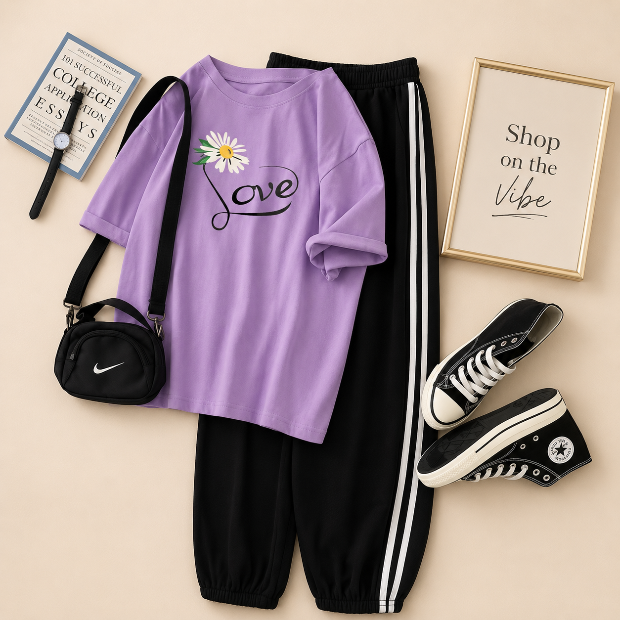 LILAC TSHIRT LOVE SUNFLOWER WITH STRIPE TROUSER