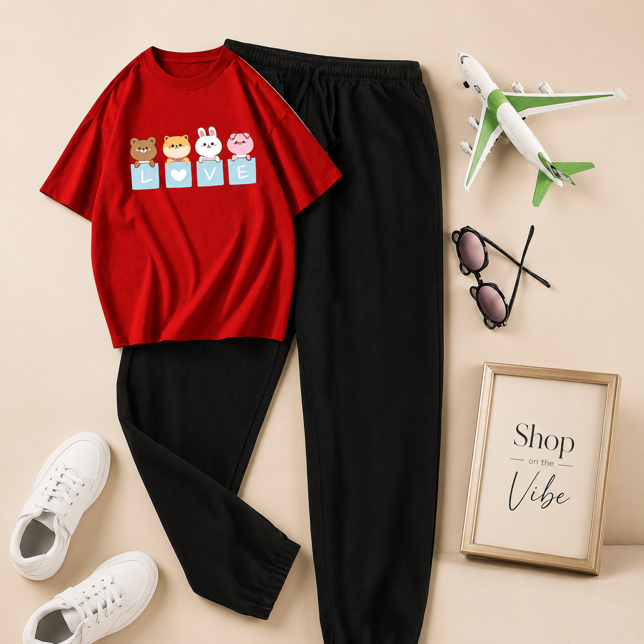 LOVE CARTOON RED TEE WITH BLACK TROUSER