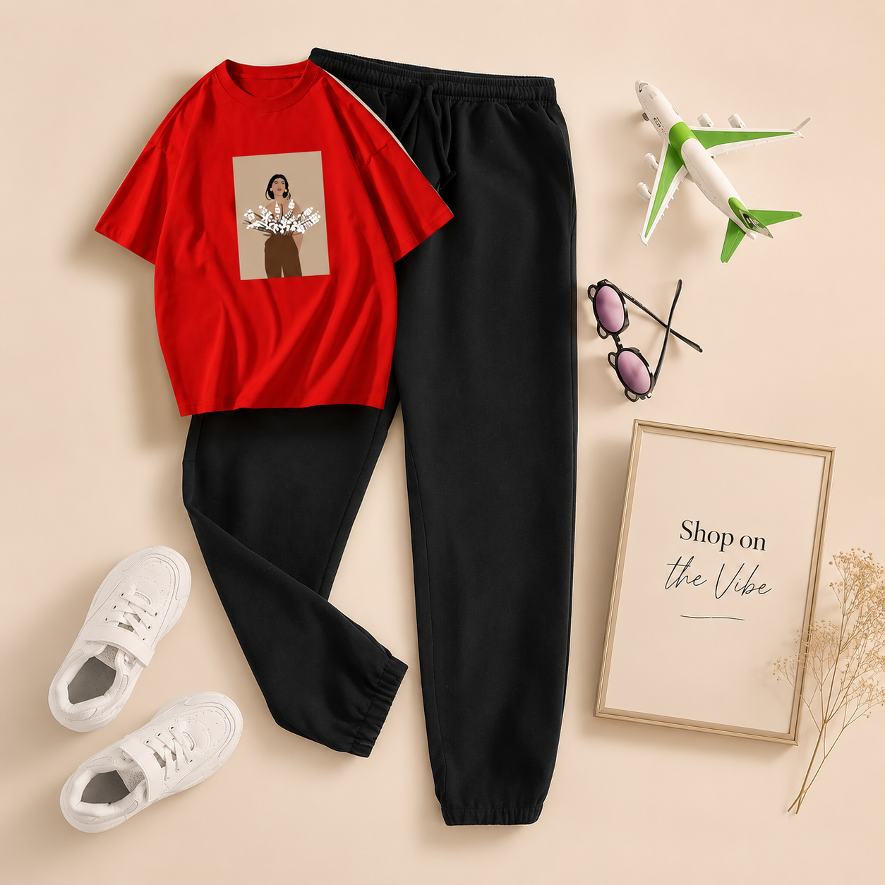 FLOWER GIRL RED TEE WITH BLACK TROUSER