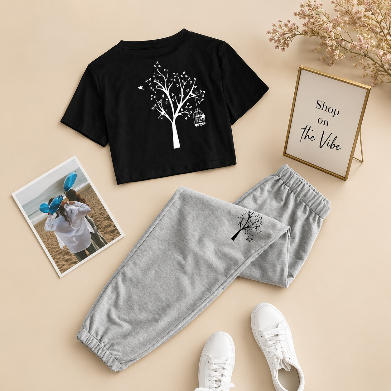 NEW TREE BLACK TEE WITH NEW TREE GREY TROUSER