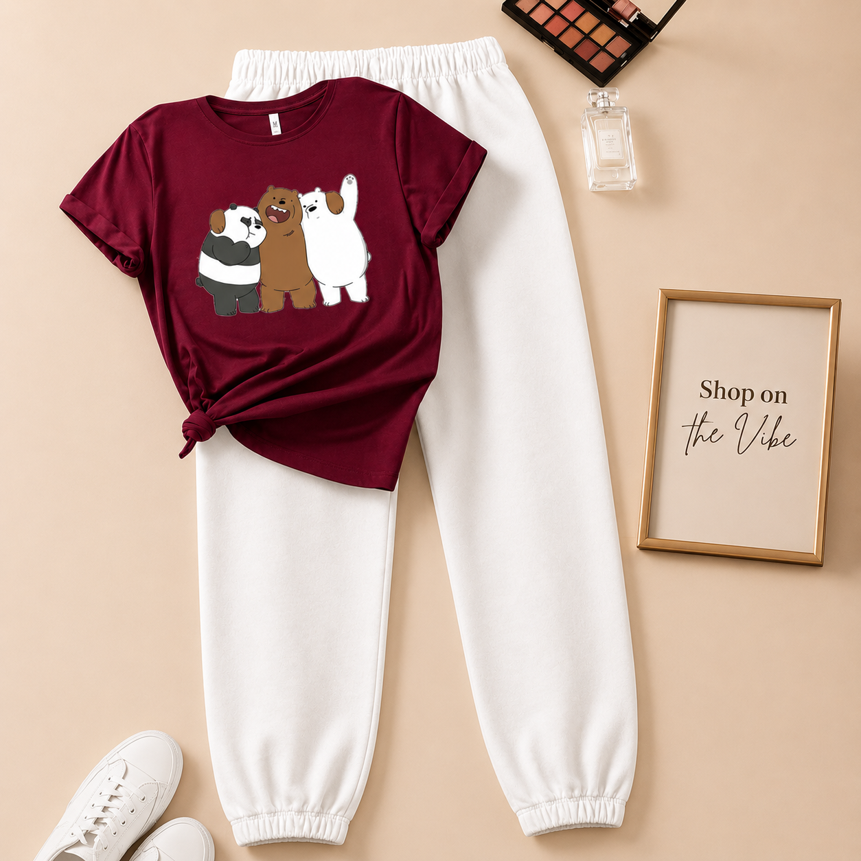 MAROON TEE TOGETHER BEAR WITH WHITE TROUSER