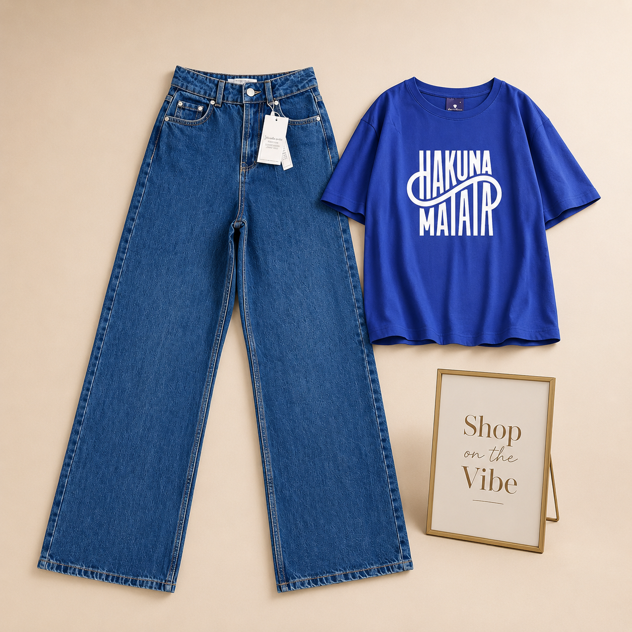 MID BLUE WIDE LEG JEANS ROYAL BLUE TEE HAKUNA MATATA