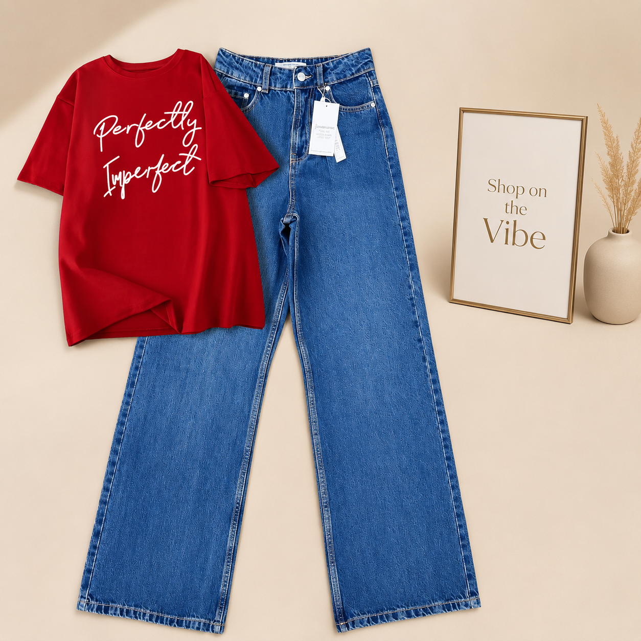 MID BLUE WIDE LEG JEANS WITH RED TEE PERFECTLY IMPERFECT