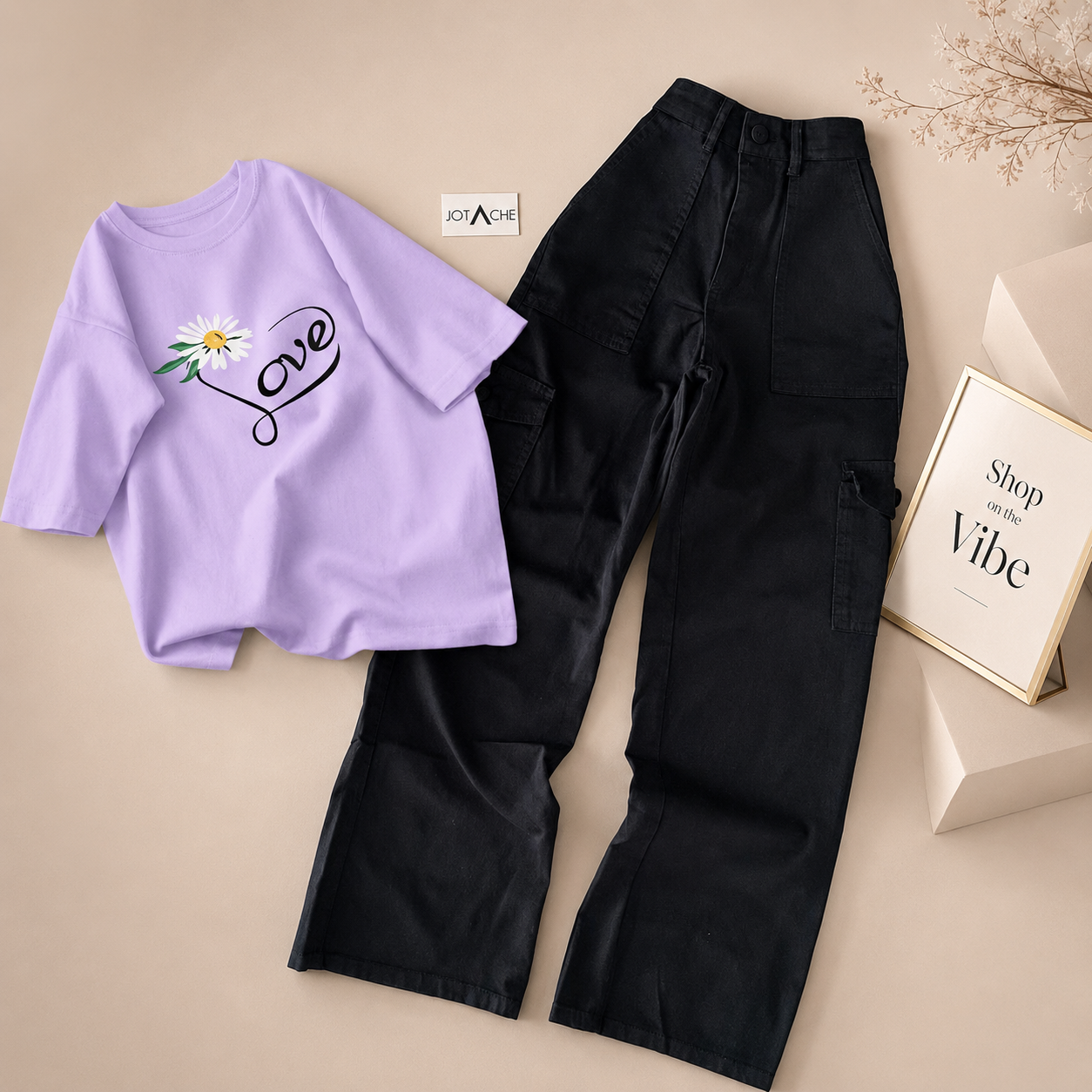 LILAC TEE LOVE SUNFLOWER WITH BLACK CARGO JEANS