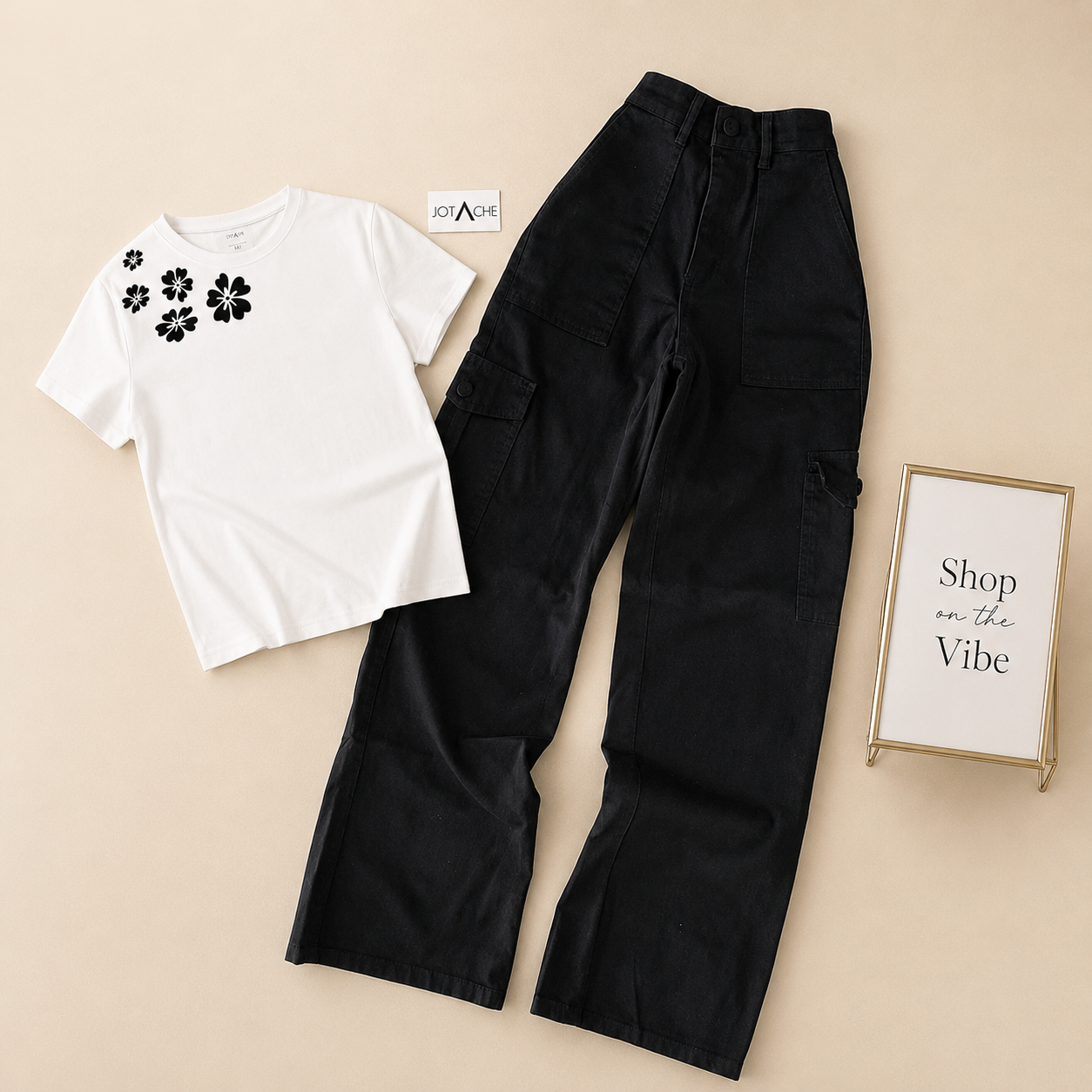 WHITE TEE SHOULDER FLOWER WITH BLACK CARGO JEANS