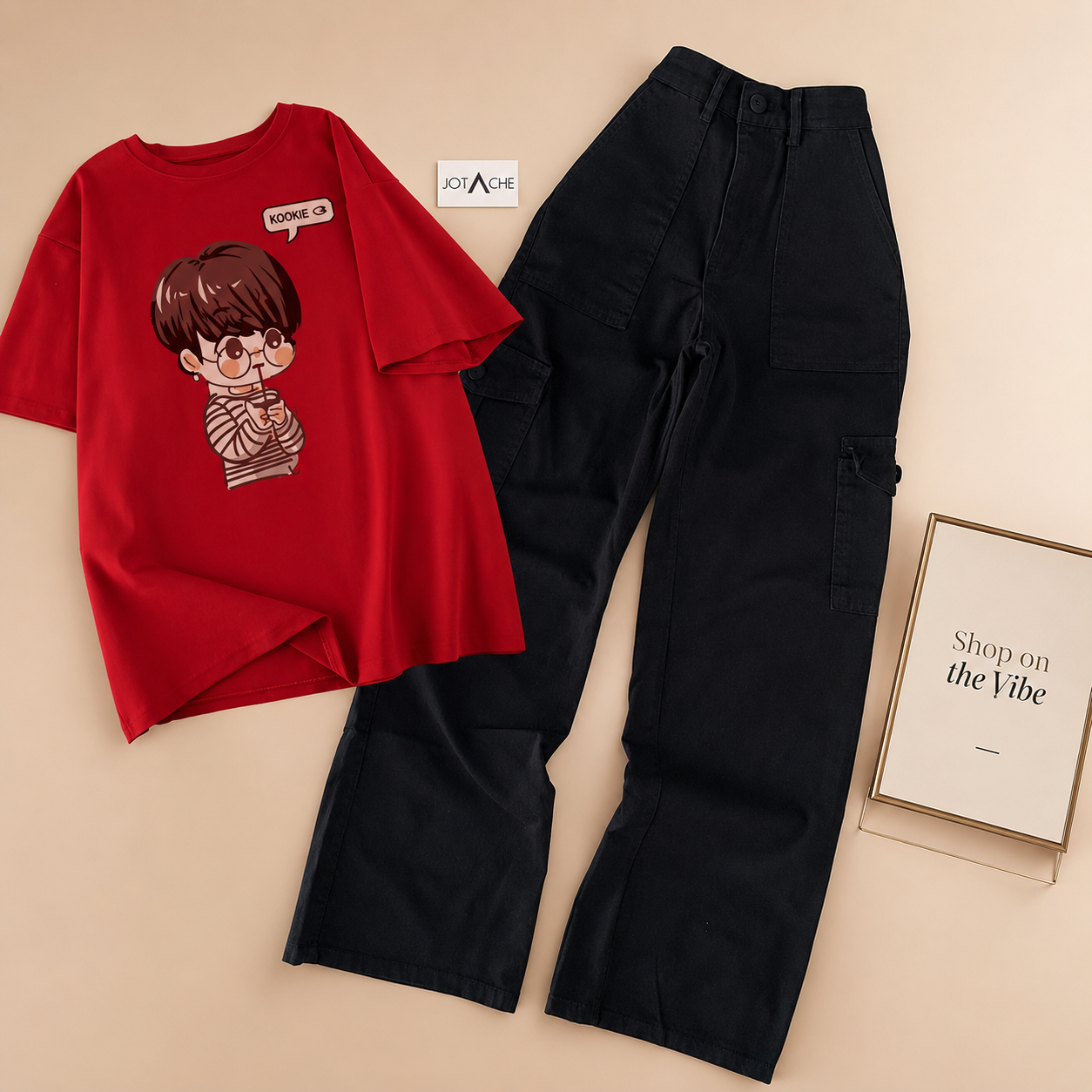RED TEE KOOKIE WITH BLACK CARGO JEANS