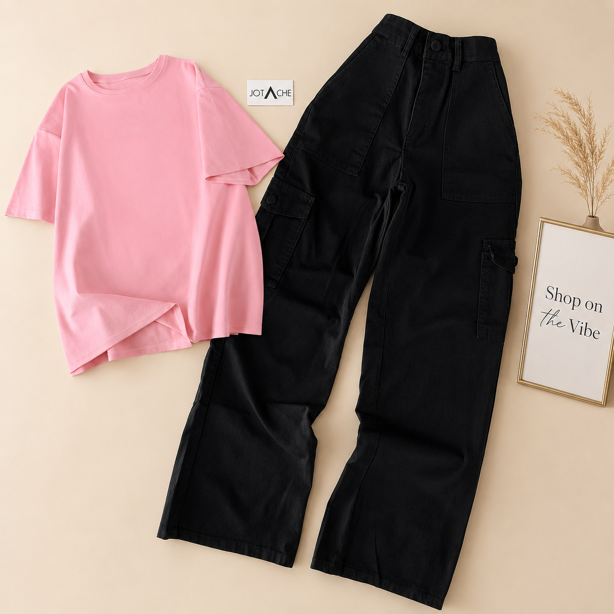 PLAIN PINK TEE WITH BLACK CARGO JEANS