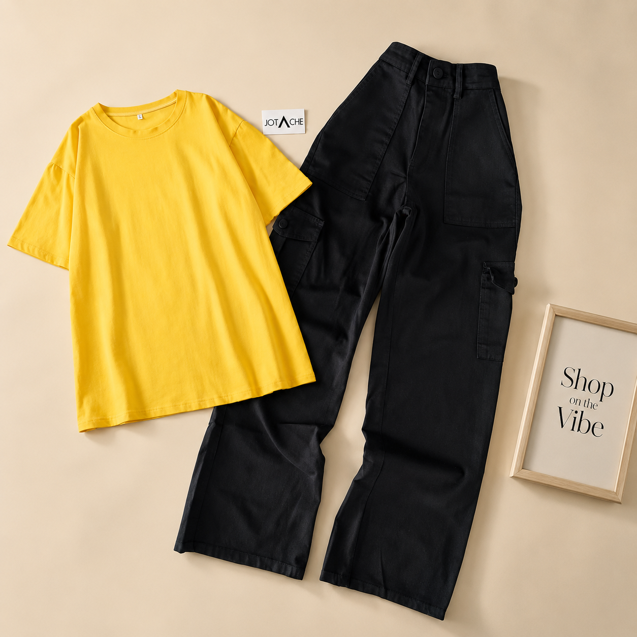 PLAIN YELLOW TEE WITH BLACK CARGO JEANS