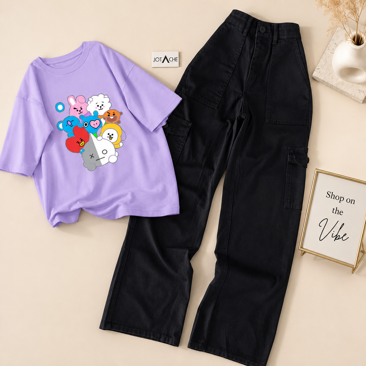 LILAC TEE BT21 CARTOON WITH BLACK CARGO JEANS