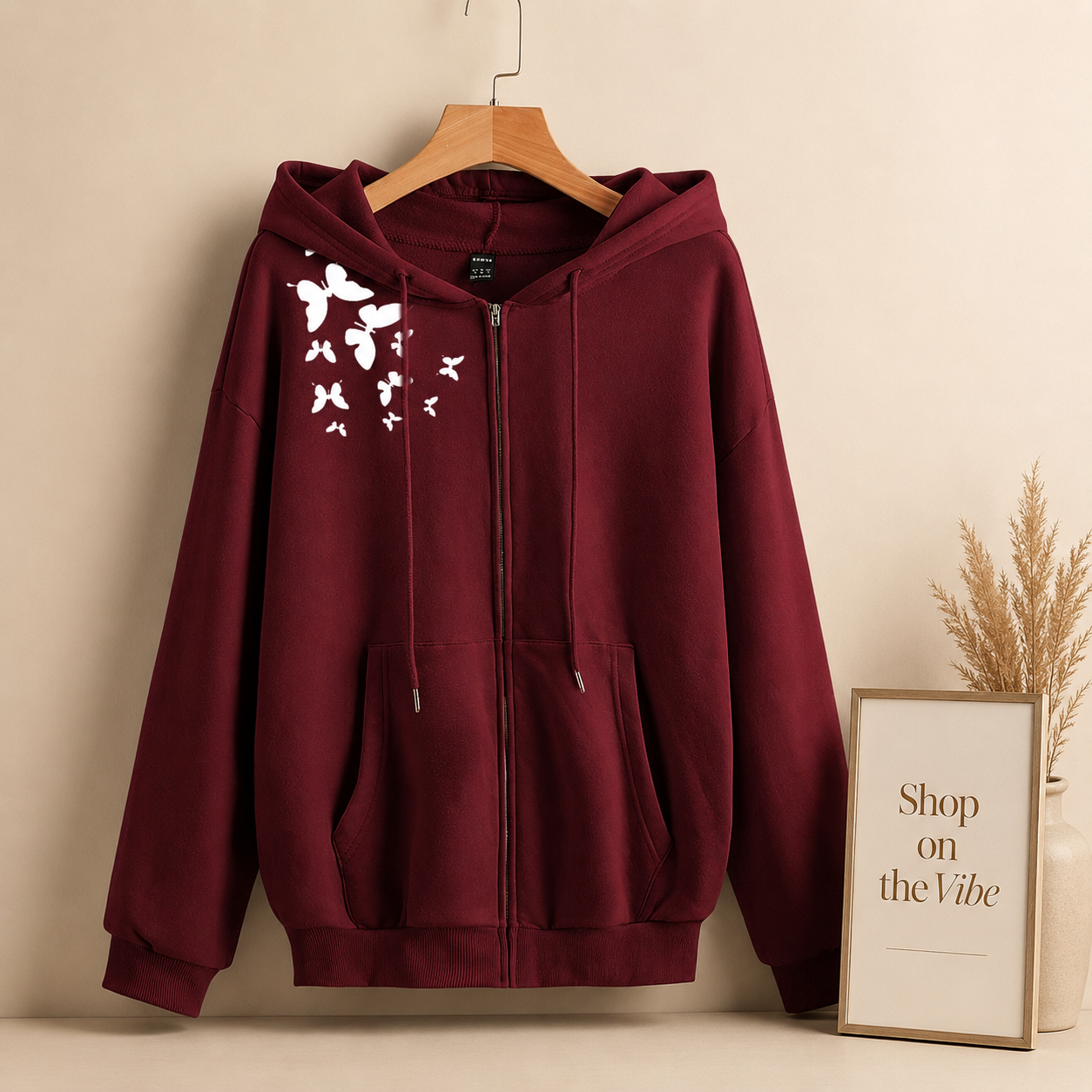 MAROON ZIPPER HOOD SHOULDER BUTTERFLY