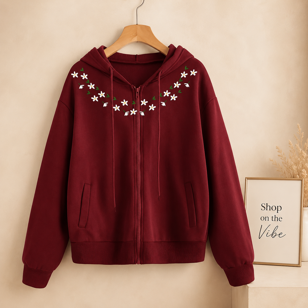 MAROON ZIPPER HOOD NECK FLOWER