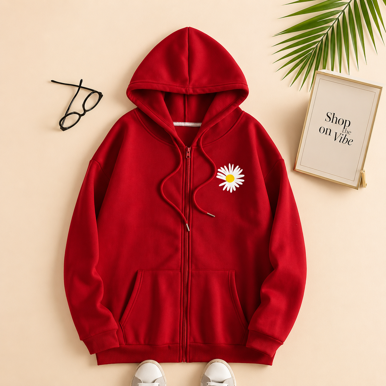 POCKET SUNFLOWER RED ZIPPER HOODIE