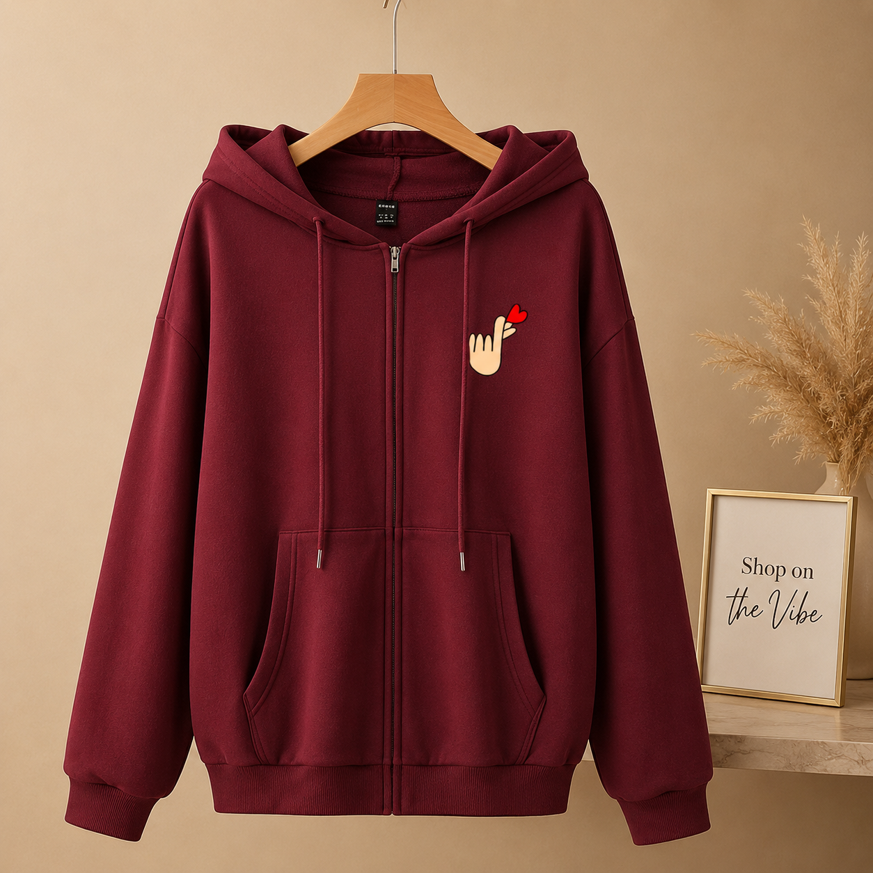 MAROON ZIPPER HOOD POCKET LOVE CHARM