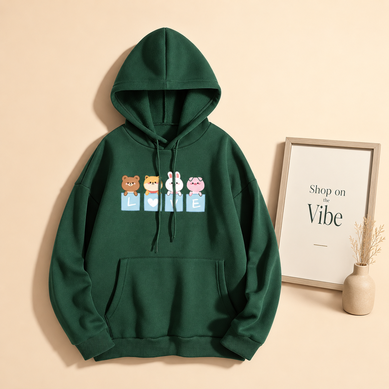 BOTTLE GREEN HOOD LOVE CARTOON
