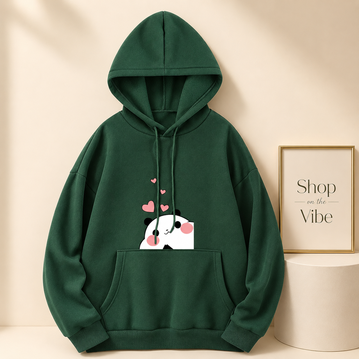 BOTTLE GREEN HOOD BLUSHING PANDA UPON POCKET