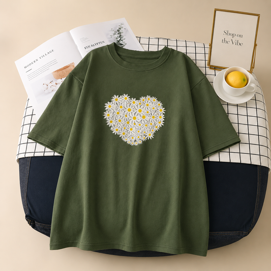 DAISY HEART OLIVE GREEN TSHIRT