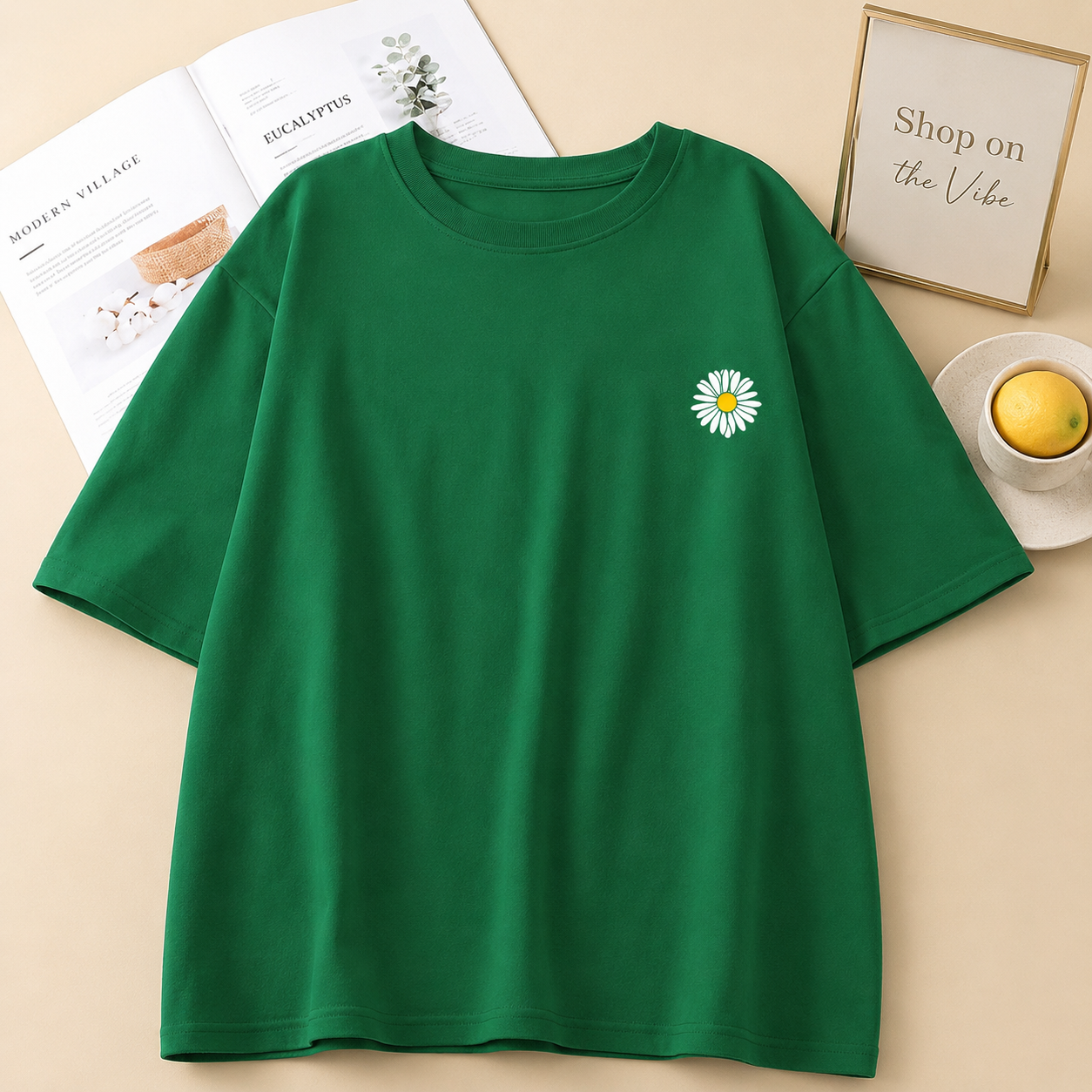 BOTTLE GREEN TEE SUNFLOWER POCKET