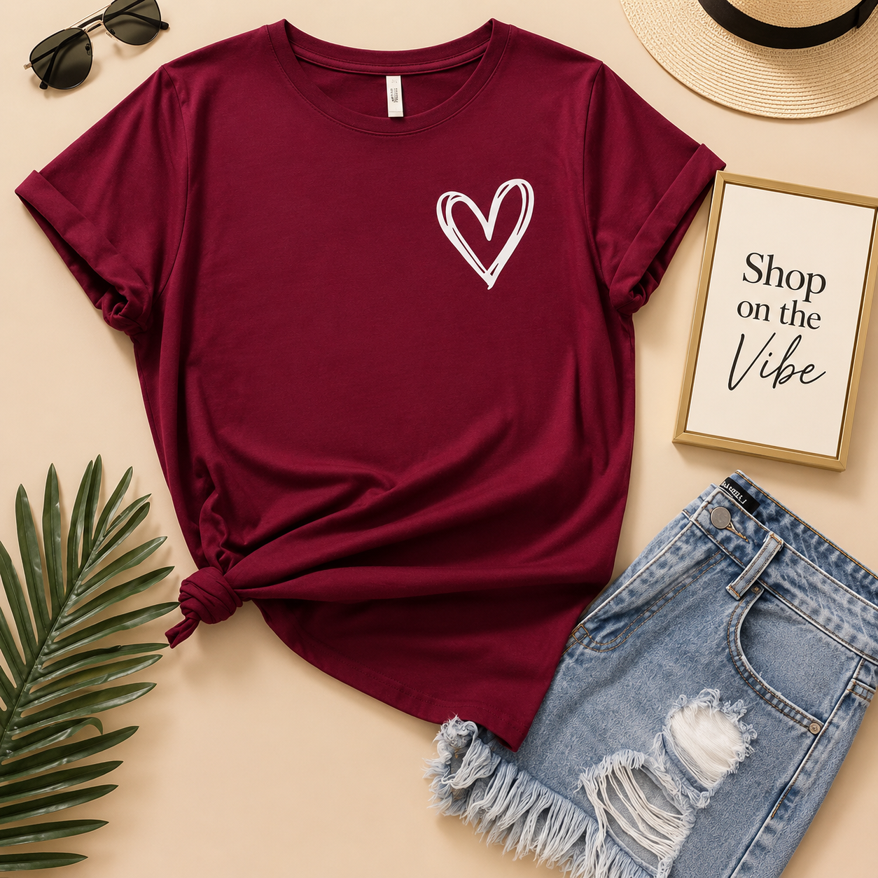 SHREDDED HEART ON POCKET MAROON TEE
