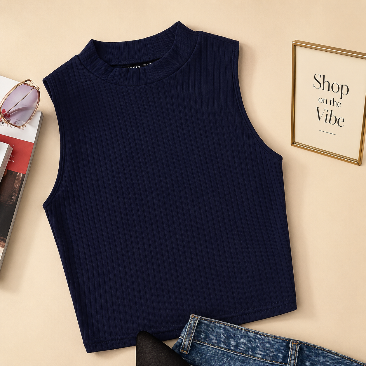 NAVY BLUE RIB KNIT TANK TOP