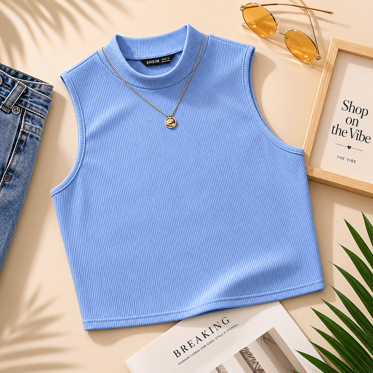 SKY BLUE RIB KNIT TANK TOP