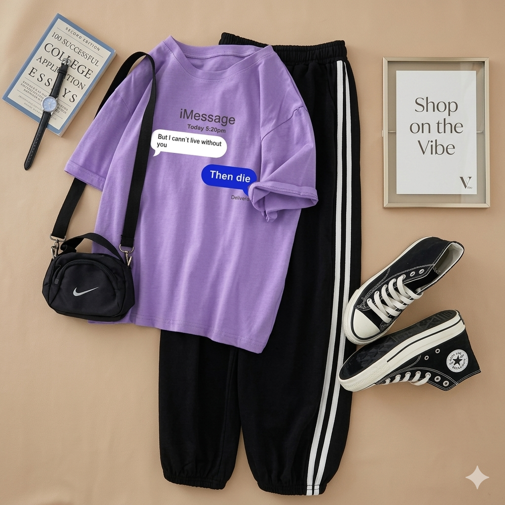 LILAC TSHIRT IMESSAGE WITH STRIPE TROUSER