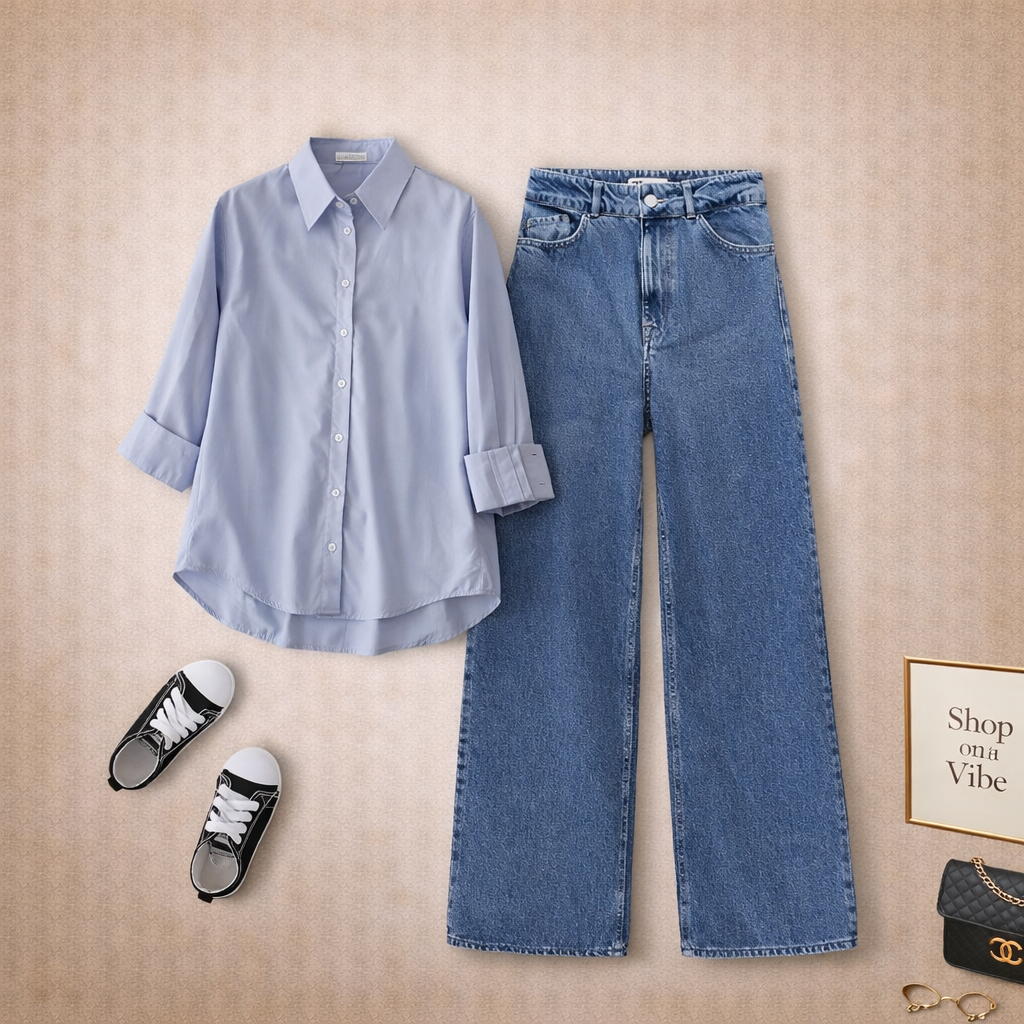 SKY BLUE BUTTON SHIRT WITH MID BLUE WIDE LEG JEANS