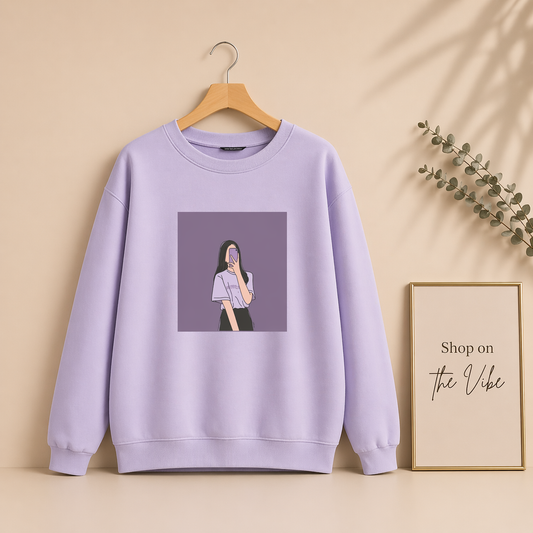 LILAC SWEATSHIRT PURPLE BACKGROUND GIRL