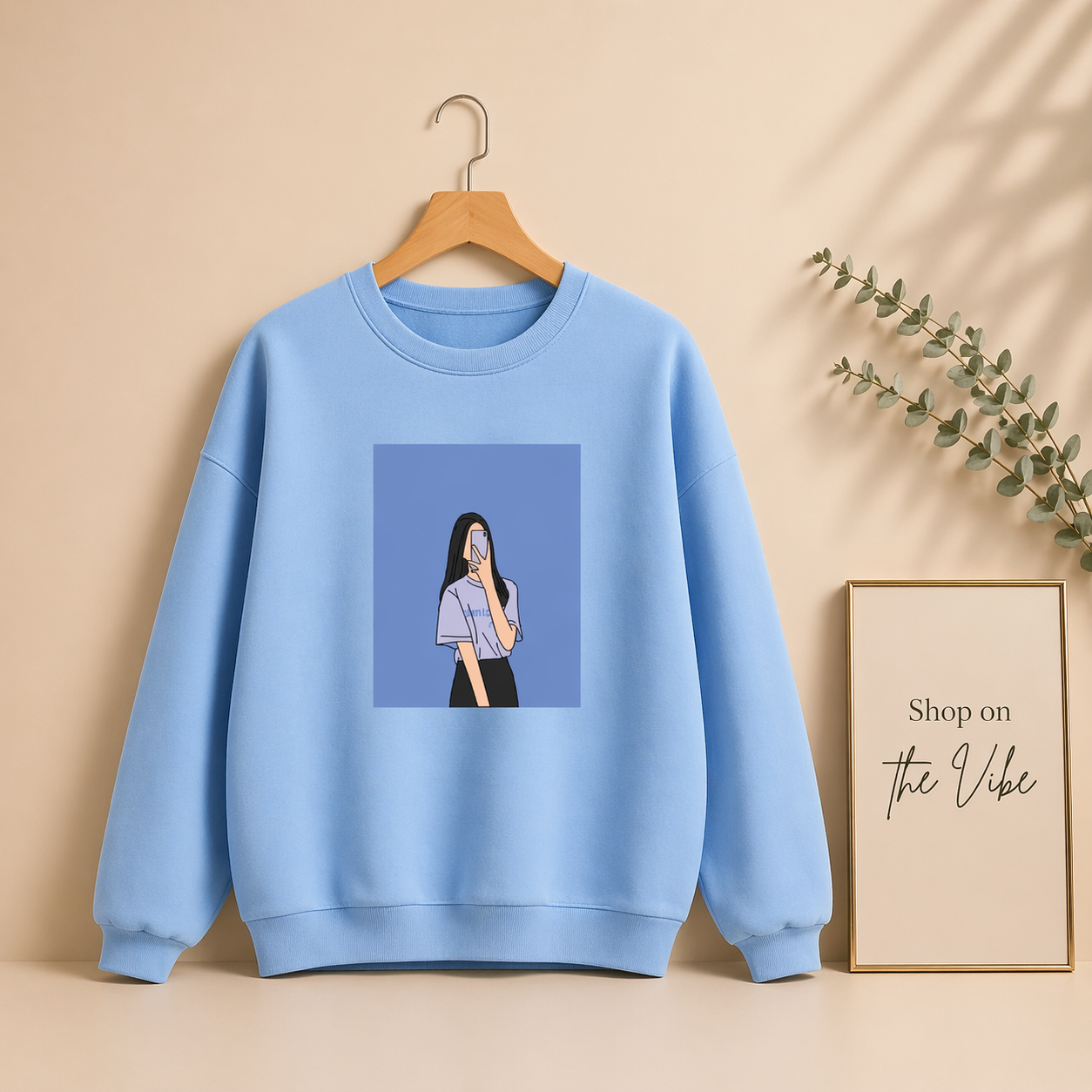 SKY BLUE SWEATSHIRT BLUE BACKGROUND GIRL