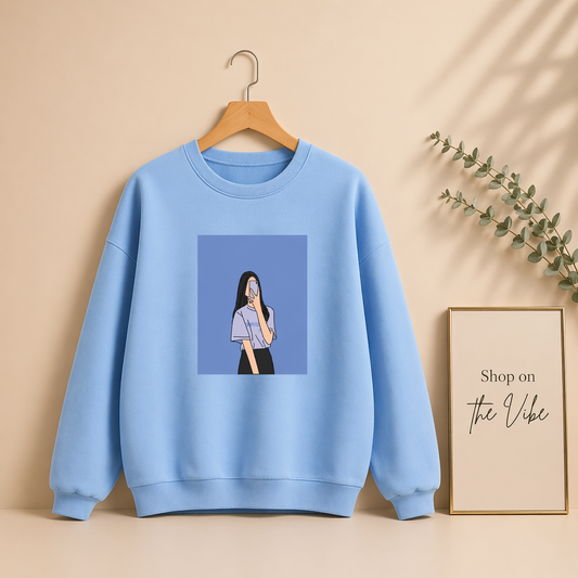 SKY BLUE SWEATSHIRT BLUE BACKGROUND GIRL
