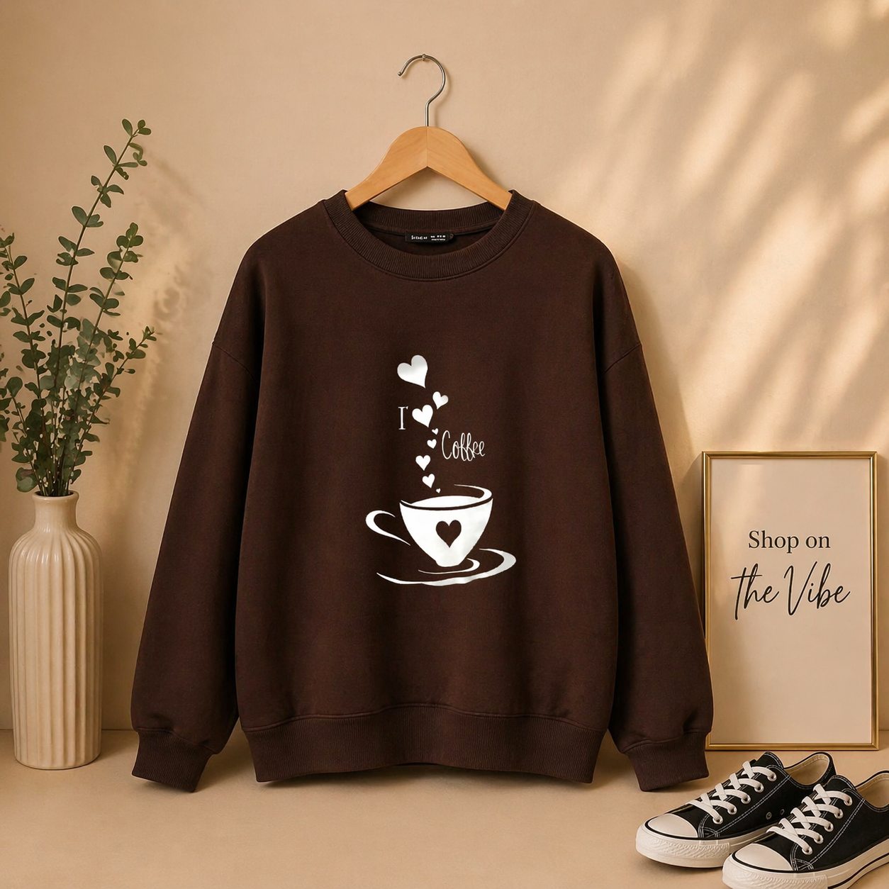 DARK BROWN SWEAT WITH I LOVE COFFEE PRINT