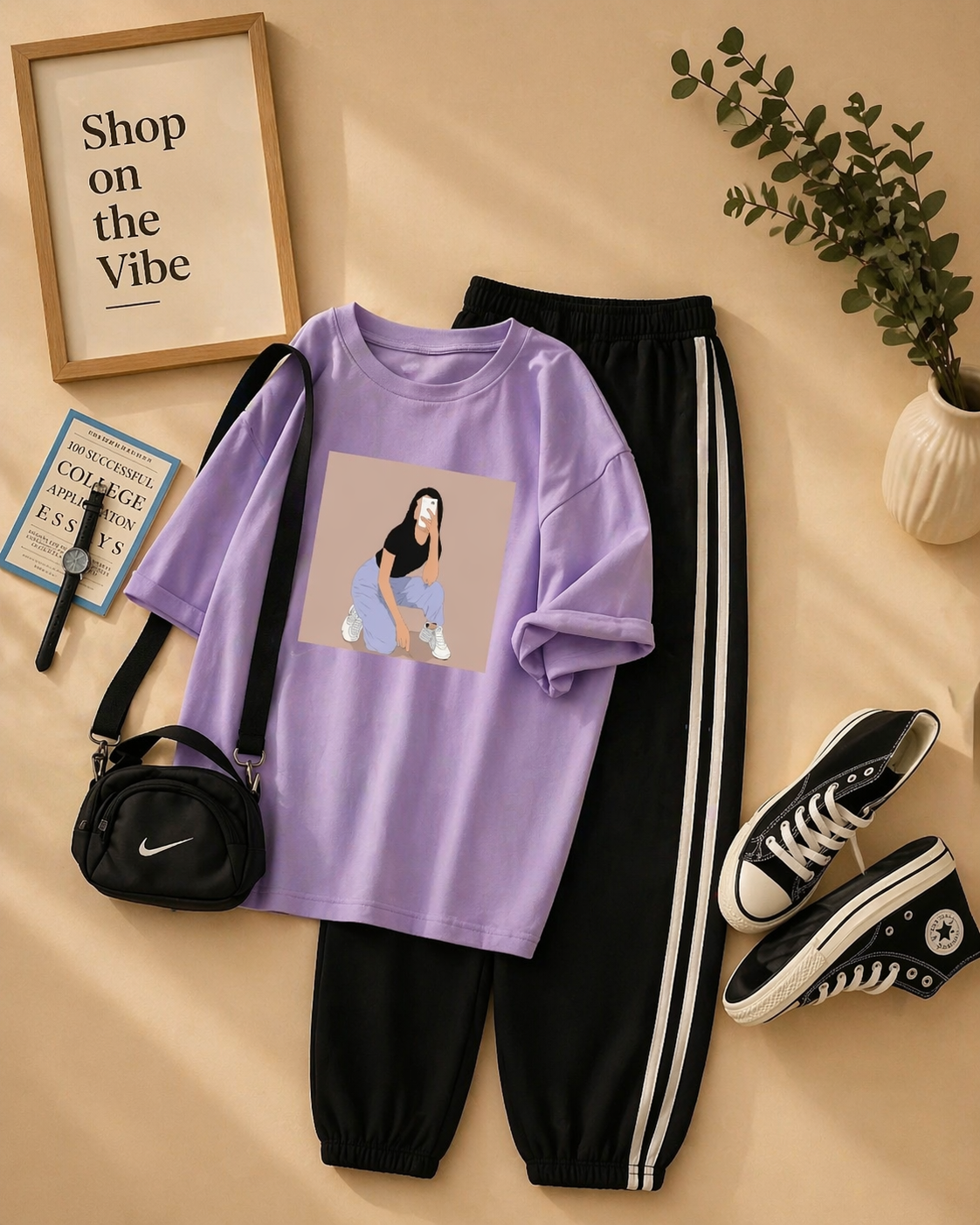 LILAC TEE SITTING GIRL WITH 3 STRIPES TROUSER