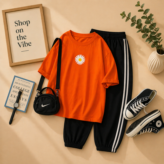 RED TEE WITH SUNFLOWER PRINT WITH 3 STRIPES TROUSER