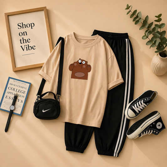 CREAM TSHIRT WITH BROWN BEAR WITH 3 STRIPE TROUSER