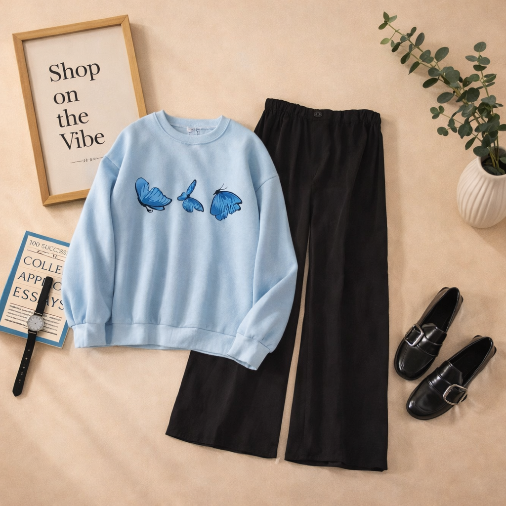 SKY BLUE SWEATHSIRT BLUE BUTTERFLIES WITH FLAPPER TROUSER