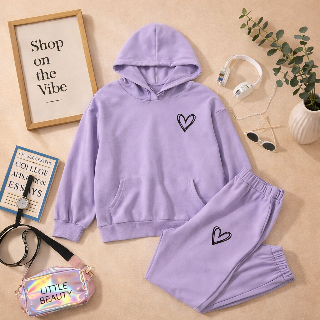 LILAC HOODIE WITH POCKET SHREDED HEART AND LILAC TROUSER WITH SHREDED TROUSER