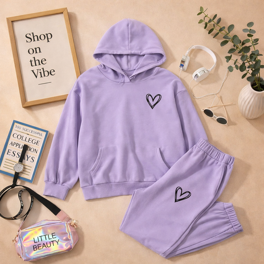 LILAC HOODIE WITH POCKET SHREDED HEART AND LILAC TROUSER WITH SHREDED TROUSER