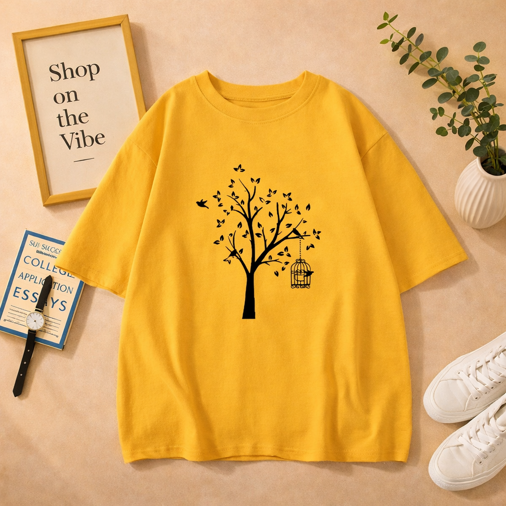 YELLOW TSHIRT WITH TREE PRINTED