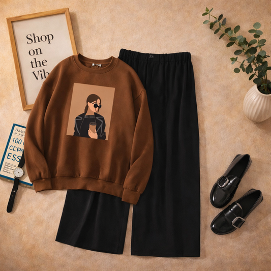 BROWN SWEATSHIRT COFEE GIRL WITH FLAPPER TROUSER