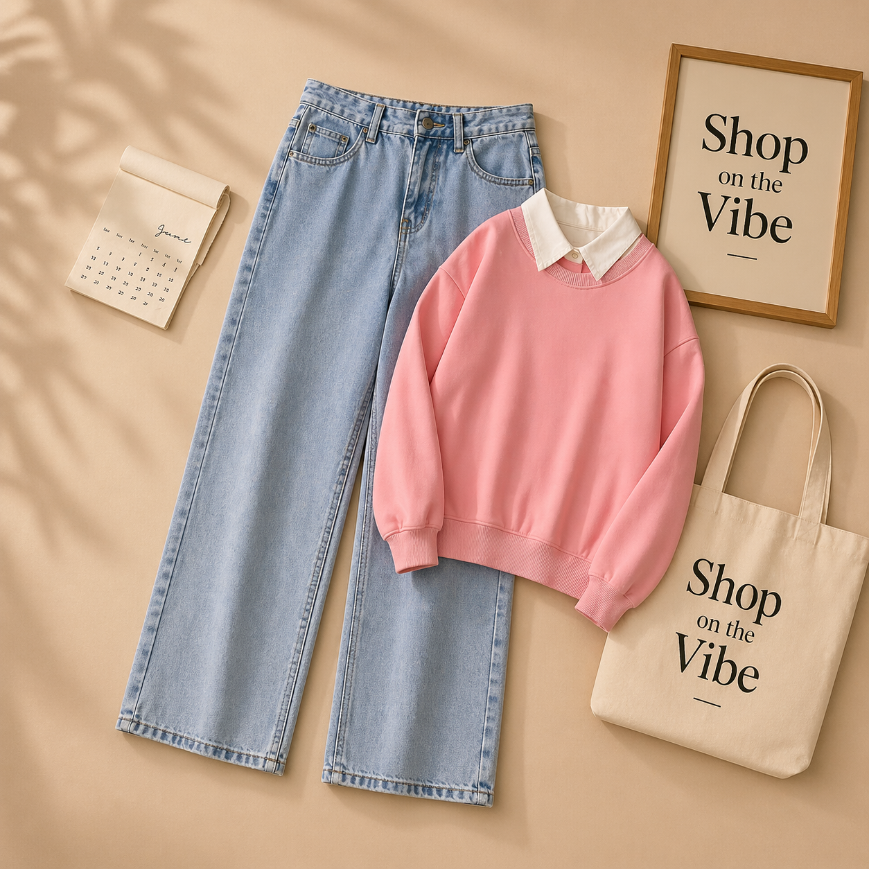 PINK COLLAR SWEATSHIRT WITH ICE BLUE JEANS