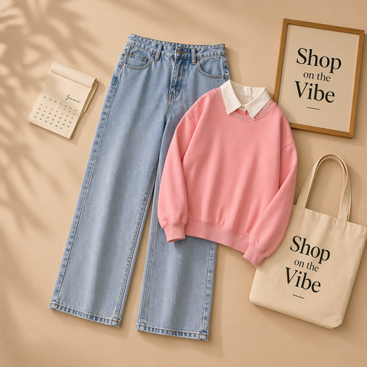 PINK COLLAR SWEATSHIRT WITH ICE BLUE JEANS
