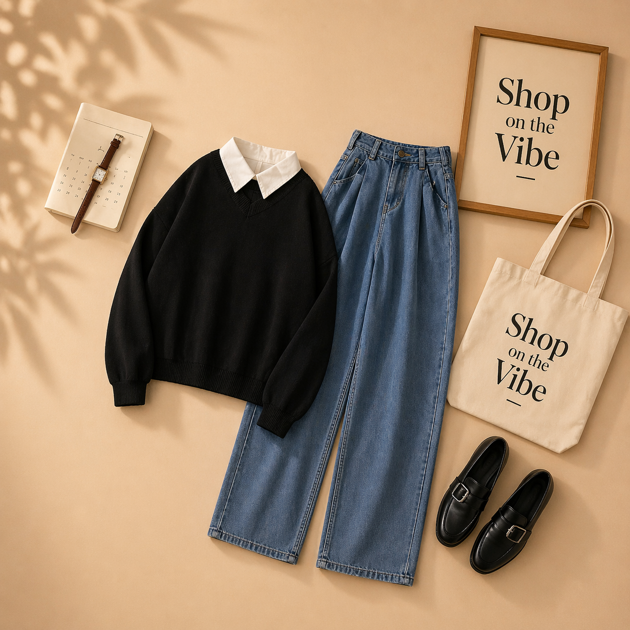 BLACK COLLAR SWEATSHIRT WITH MID BLUE WIDE LEG