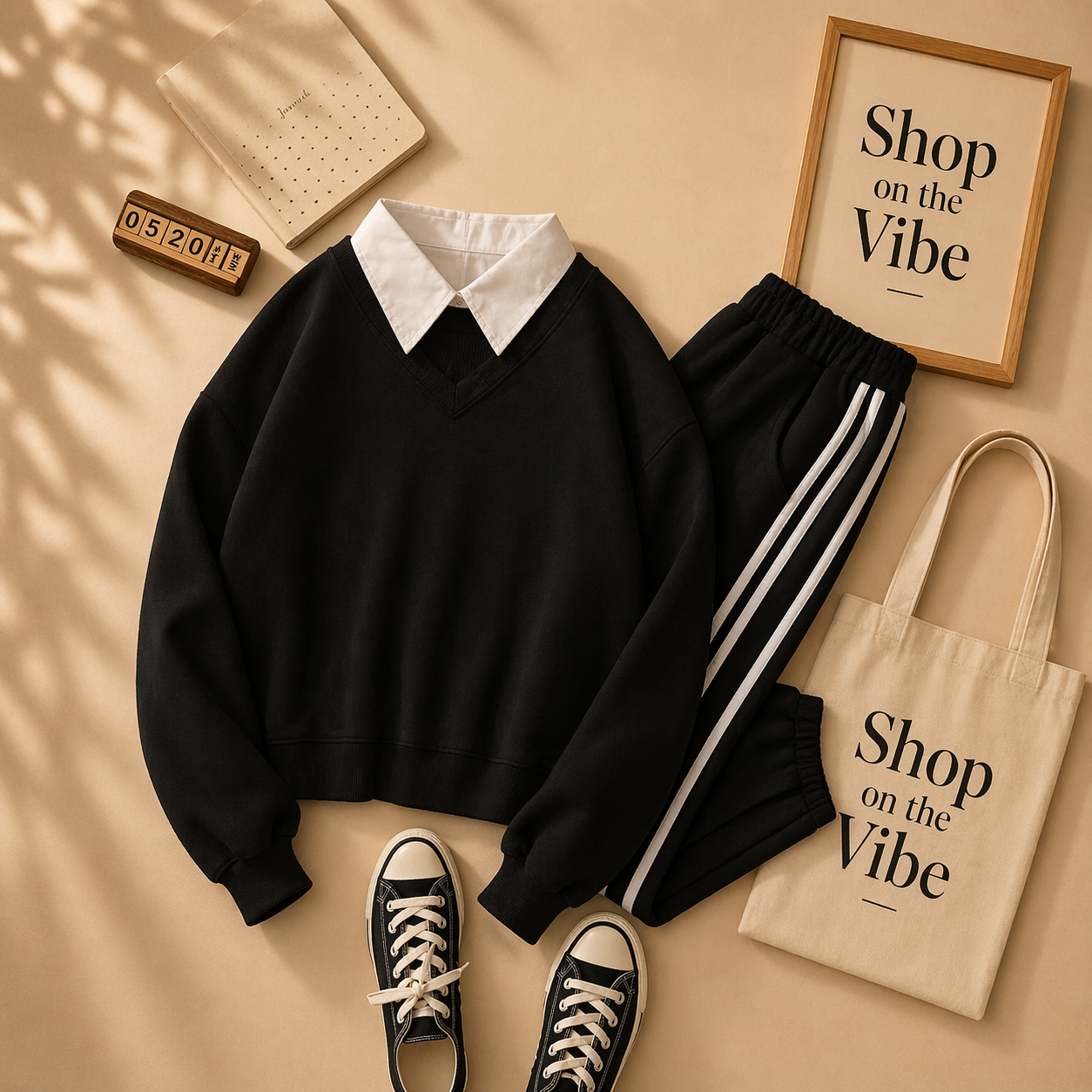 BLACK COLLAR SWEATSHIRT WITH 3 STRIPES TROUSER