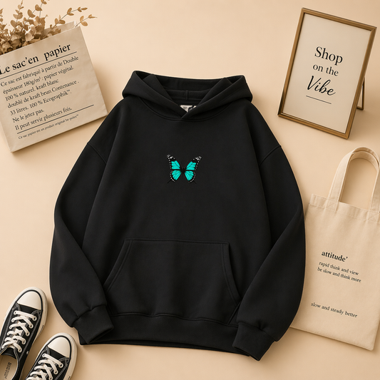 BLUE BUTTERFLY BLACK HOODIE