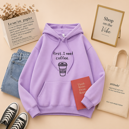 FIRST I NEED COFEE LILAC HOODIE